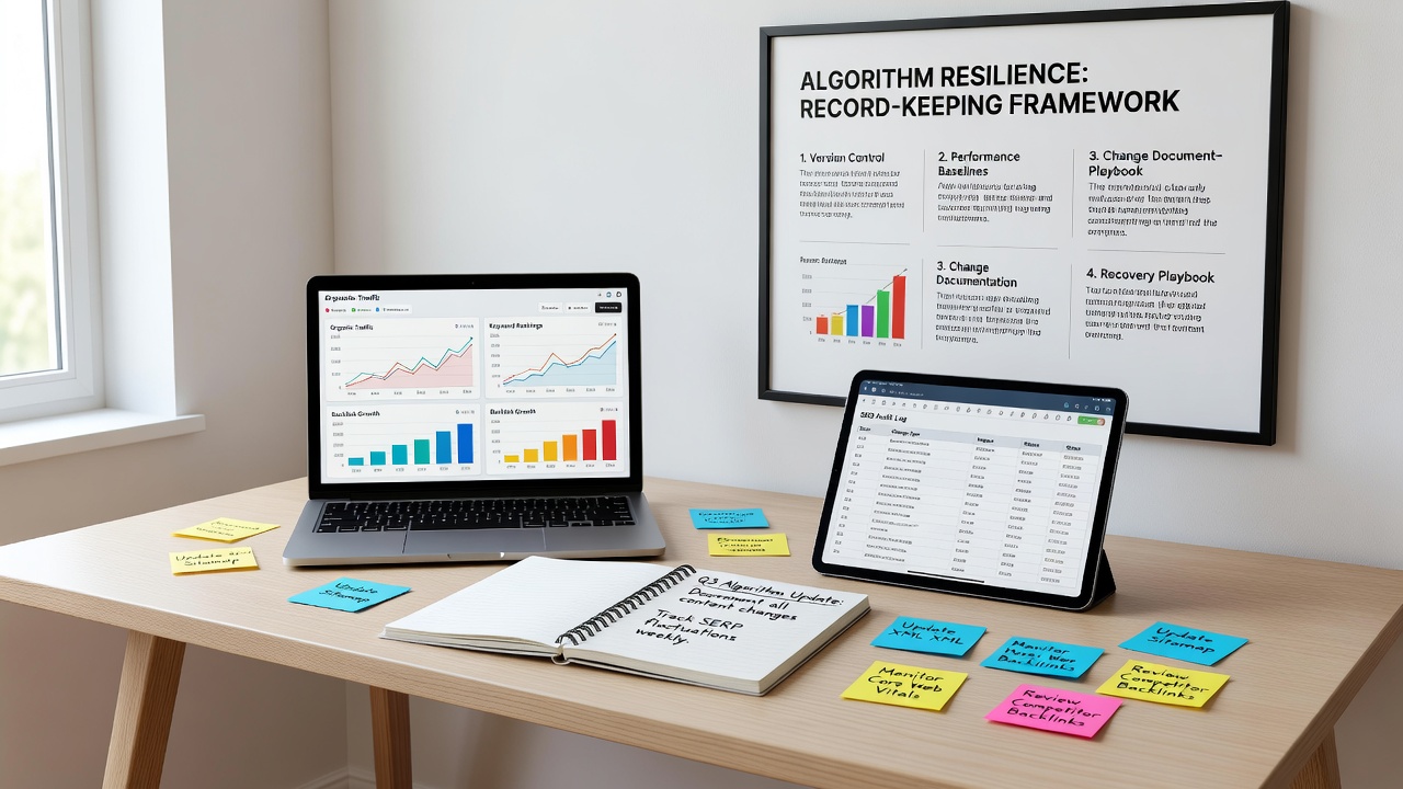 Detailed spreadsheet and database records showing site changes, backlink acquisitions, and performance metrics tracked over multiple algorithm update cycles